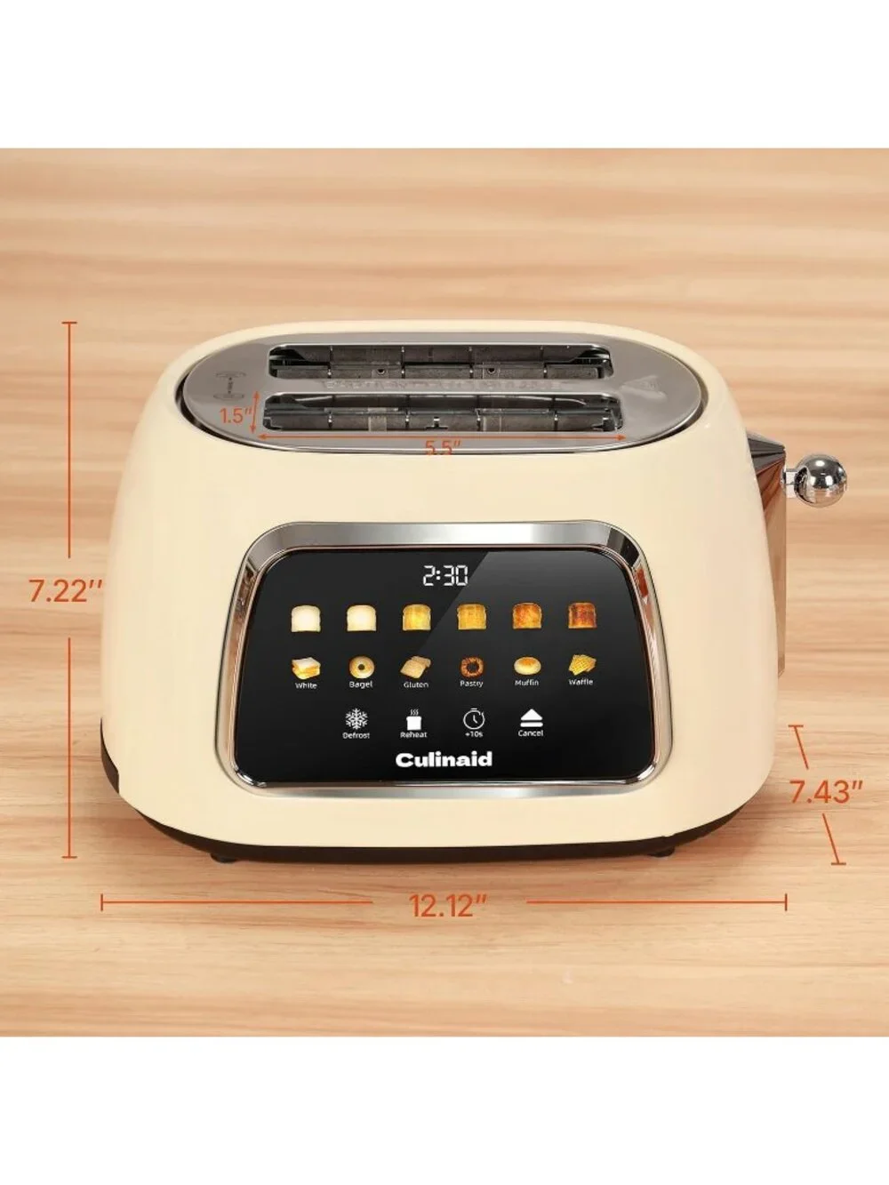 2 Slice Cream Touch Screen Retro 1.5'' Extra Wide Slot Stainless Steel Toaster